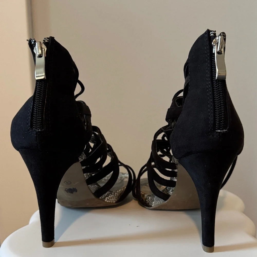 a.n.a Black Strappy Heels with Snakeskin Accent